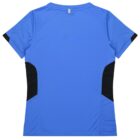The image shows the back view of a blue short-sleeve athletic shirt with black panels on the sides. The shirt is displayed on a white background.