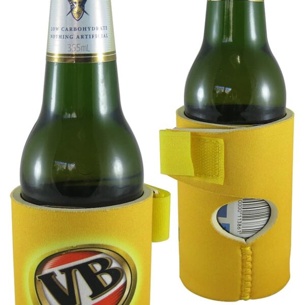 Two bottles of midstrength lager are placed in yellow koozies, which have a Velcro strap and a circular cutout showcasing the barcode. The koozies feature a VB logo and Midstrength Lager text.