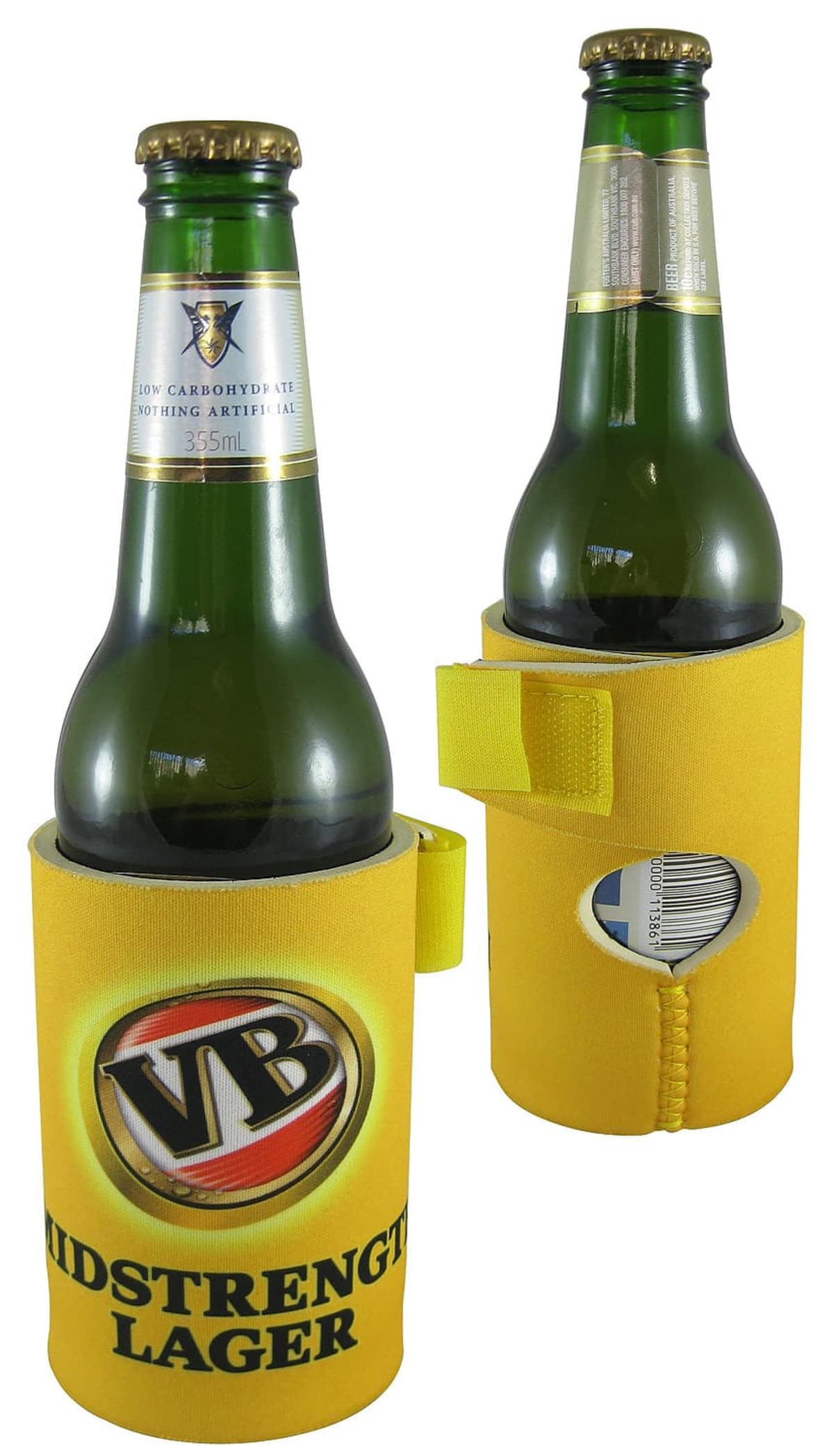Two bottles of midstrength lager are placed in yellow koozies, which have a Velcro strap and a circular cutout showcasing the barcode. The koozies feature a VB logo and Midstrength Lager text.