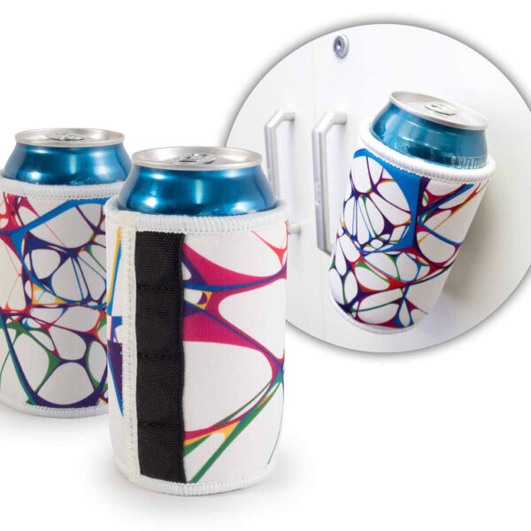 Two cans wrapped in colorful abstract neoprene sleeves are shown next to a close-up of one can being attached to a metal surface with a magnet. The sleeves feature a design with intertwining lines in red, blue, and green.