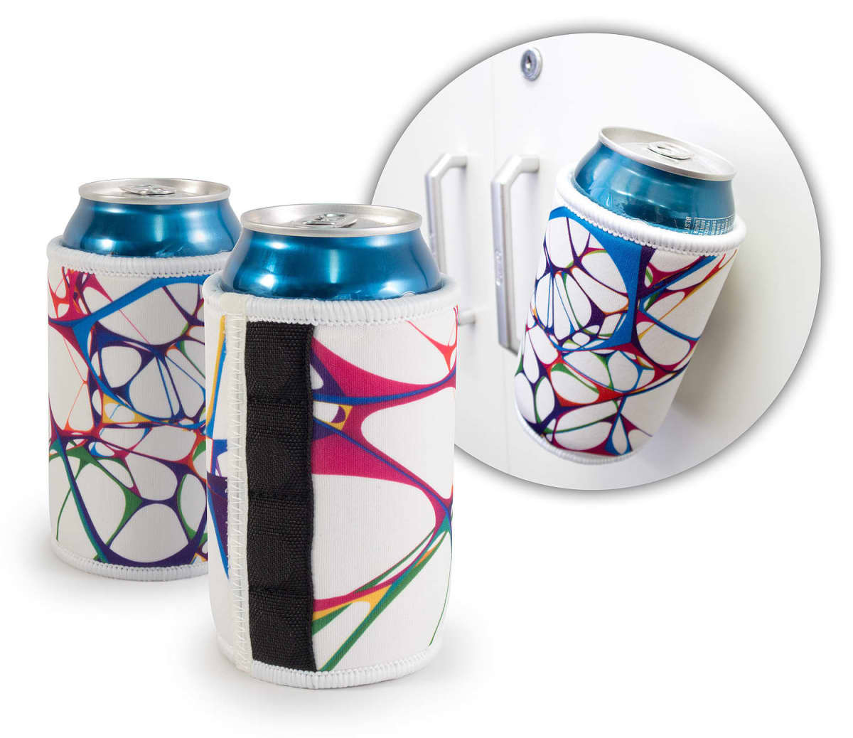 Two cans wrapped in colorful abstract neoprene sleeves are shown next to a close-up of one can being attached to a metal surface with a magnet. The sleeves feature a design with intertwining lines in red, blue, and green.