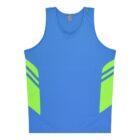 A sleeveless blue athletic tank top with bright green side panels, featuring three diagonal stripes on each side. The shirt is displayed on a plain white background.