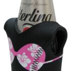 A beer bottle in a swimsuit-themed koozie. The koozie is black with a pink and white floral bikini design. The bottle label reads Sterling and Carlton.