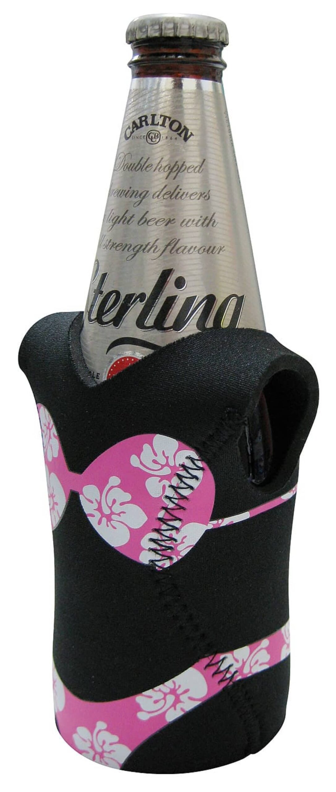 A beer bottle in a swimsuit-themed koozie. The koozie is black with a pink and white floral bikini design. The bottle label reads Sterling and Carlton.