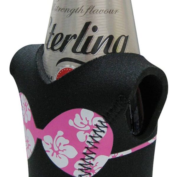 A beer bottle wearing a black and pink floral bikini-themed neoprene holder. The bottle label reads Sterling.