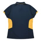 A navy blue short-sleeved polo shirt with yellow side panels, viewed from the back.