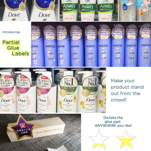 The Standing Stickers with star designs and customize options enhance product visibility and appeal with partial glue labels, highlighted as Partial Glue Labels, creating a stunning display on beauty product shelves.