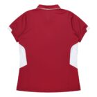 A red polo shirt with white accents on the side panels and sleeves. The shirt is laid flat, showcasing its back design against a plain background.