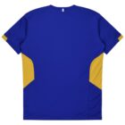 A blue sports jersey with yellow accents on the sides and sleeves, shown from the back. The jersey has a simple, modern design with no visible logos or patterns.