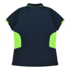 A dark blue short-sleeve polo shirt with neon green panels on the sides and sleeve edges, and a collar. The shirt is displayed on a white background, showcasing its back view.
