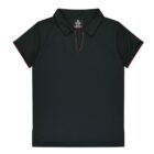 A dark green polo shirt with a classic collar and a streamlined, button-free V-neck. The short sleeves have subtle pink trim, and a small logo is visible beneath the collar on the inside.