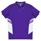A purple polo shirt with white accents on the sides and a white-trimmed collar. It features a three-button placket and short sleeves.