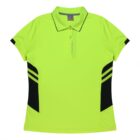 A lime green polo shirt with black geometric accents on the sides and sleeves. The shirt has a folded collar and three buttons at the neckline.