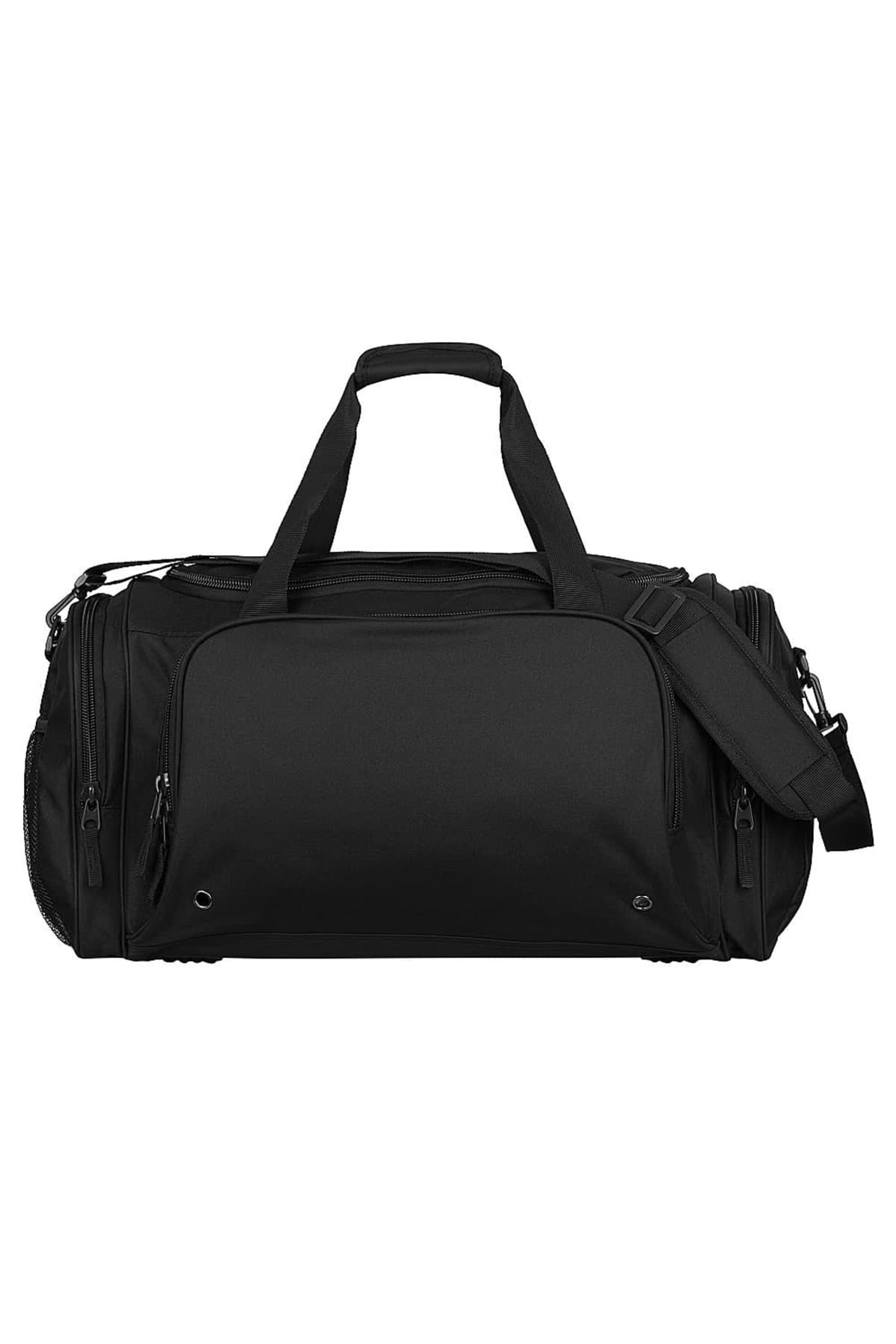 A large black duffel bag with multiple zippered compartments and two carrying handles. It also features an adjustable shoulder strap, and is displayed against a white background.