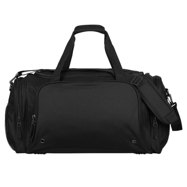 A black duffel bag with multiple zippered compartments and handles. It has an adjustable shoulder strap and a sturdy design, suitable for travel or sports use.
