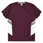 A maroon short-sleeve sports shirt with white geometric patterns on the sides and sleeves. The fabric appears smooth and designed for athletic wear.
