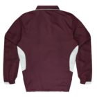 A maroon jacket with a high collar, featuring white accents on the sides and cuffs. The back is plain with a subtle design. The material appears smooth and mid-weight, suitable for cool weather.
