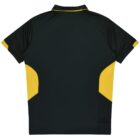 A black sports jersey viewed from the back, featuring yellow accents on the sides and sleeves, with a black collar.