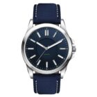 A wristwatch with a blue dial and silver hour markers and hands. It features a blue fabric strap and a silver metal case. The watch has a minimalist design with a simple round face and no additional complications or numbers.