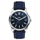 A wristwatch with a blue dial and silver case. It features silver hour markers and hands. The navy blue strap is made of textured material. The brand logo is on the dial, with Solar Power written underneath.