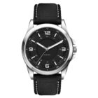 A silver wristwatch with a black face featuring white hour markers and numbers at 3, 6, 9, and 12. It has a black fabric strap and a small window for the date, with the text Solar Power on the dial.