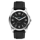 A black and silver wristwatch with a black fabric strap. The watch face displays the brand name CHROMO in blue and white, with silver hour markers and hands, including a small date window at the 3 oclock position.