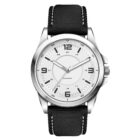 A silver wristwatch with a black fabric strap is shown. The watch face is white, featuring silver hour and minute hands, a sweeping second hand, and Arabic numerals. The hour markers are accompanied by 24-hour markings in a smaller font.
