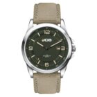 A wristwatch with a green dial and beige strap. The watch face displays Arabic numerals, luminous hands, and a date window at 3 oclock. The case has a silver finish, and JCB is printed on the dial beneath the 12 oclock position.