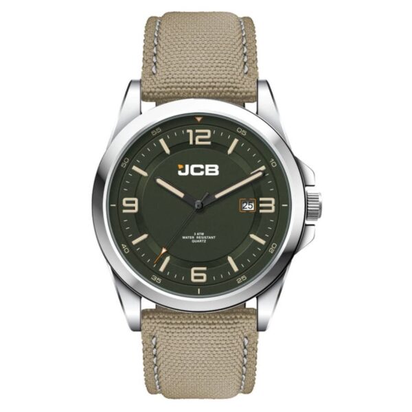 A wristwatch with a green face, silver casing, and a beige fabric strap is shown. The watch has large, easy-to-read numbers, with the brand name JCB on the dial, and a date display window on the right.