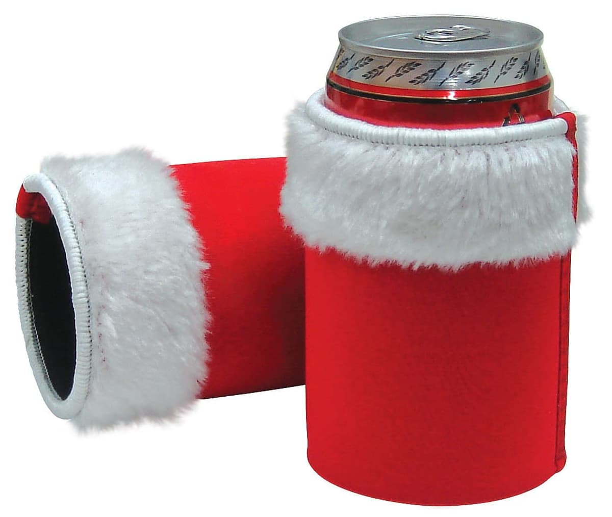 Two red can koozies with white faux fur trim, resembling Santas outfit, designed to insulate and hold beverage cans. One koozie holds a silver can, while the other is empty and positioned on its side.