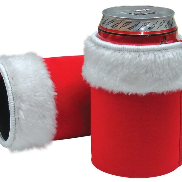 Two beverage cans in festive red and white Santa Claus-themed sleeves. The sleeves are red with fluffy white trim at the top, resembling Santas suit, and help keep the cans insulated.