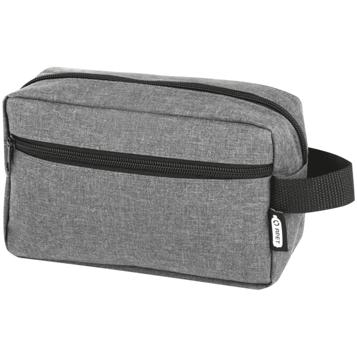 A gray toiletry bag with a black zipper and side handle. The rectangular bag features a front zippered pocket and a small tag with the text R-PET. The fabric appears textured, giving a modern and functional look.