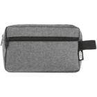 A gray fabric toiletry bag with a black zipper and a small black strap on the side. The bag has a sleek, rectangular design and a visible logo tag attached near the bottom right corner.