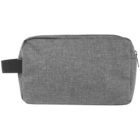 A gray fabric toiletry bag with a rectangular shape, black handle, and a zippered closure on the top edge.