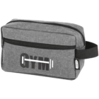 A gray zippered pouch with a black handle, featuring the word GYM printed in large letters, with a barbell graphic integrated into the text.