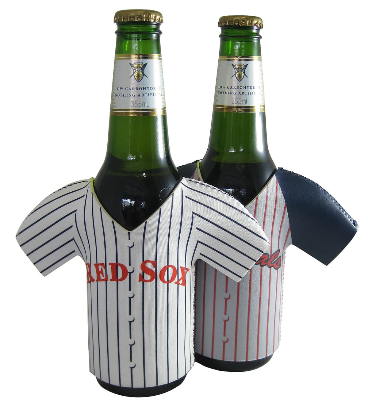 Two green beer bottles are dressed in striped sports jersey-shaped koozies. The front bottle has Red Sox written in red on a white and navy pinstriped jersey. The back bottle features a red pinstriped jersey with unclear text.