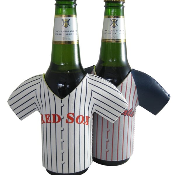 Two bottled beverages are wrapped in small jersey-shaped covers. One jersey reads Red Sox and has blue pinstripes, while the other is gray with red pinstripes, resembling a classic baseball jersey.