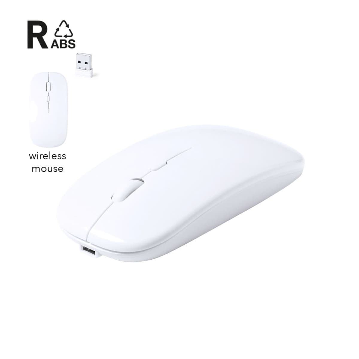 A white wireless mouse with a smooth, sleek design is shown. The mouse has two buttons and a scroll wheel. The USB receiver is displayed in the top left corner, alongside the R ABS logo and the text wireless mouse.