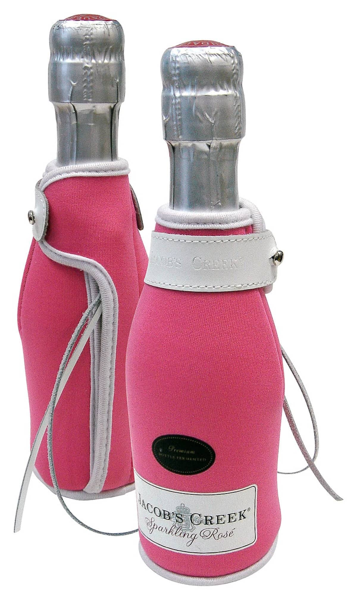 Two Jacobs Creek Sparkling Rosé bottles in pink neoprene sleeves with silver caps. The sleeves feature a white label and black oval emblem, creating an elegant presentation.