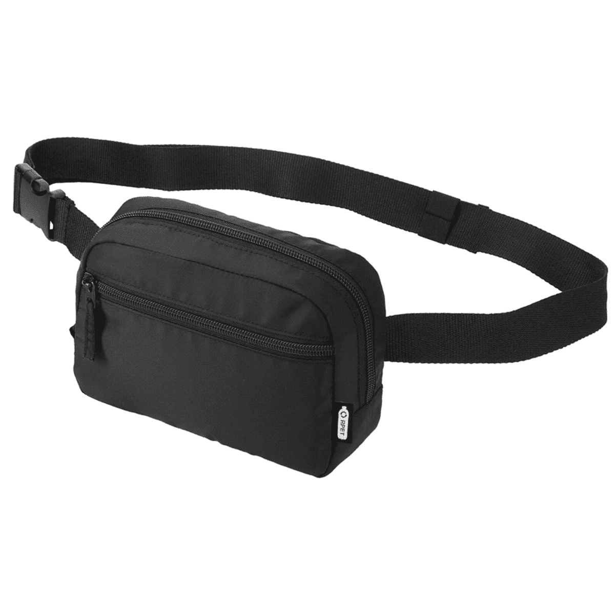 A black waist bag with two zippered compartments and an adjustable strap with a plastic buckle. The bag is plain without any visible logos or patterns, suitable for carrying small items hands-free.