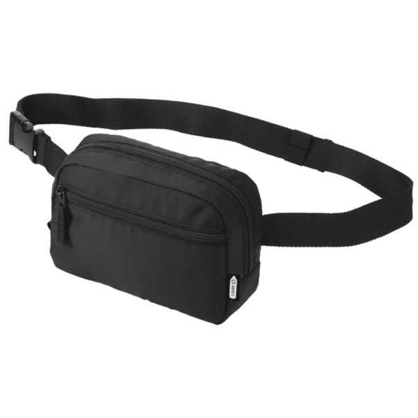 A black waist bag with two zipped compartments and an adjustable strap with a plastic buckle.