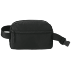 A black waist bag with a front zipper pocket and an adjustable strap with a buckle.