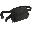 A black waist bag with a main zippered compartment and a smaller front zippered pocket. It has an adjustable strap with a plastic buckle. The bag is made from a sturdy fabric, suitable for carrying small personal items.