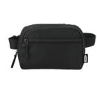 A black crossbody bag with a front zipper pocket and adjustable strap. It has a rectangular shape and a fabric tag with a logo on the side.