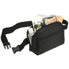 A black waist bag with a front zipper, filled with items including a hand sanitizer bottle, a pack of tissues, a smartphone, and a lotion tube. The bag has an adjustable strap with a snap buckle.