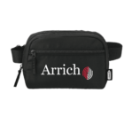 A black waist bag with a front zipper pocket and a black adjustable strap. The bag features the word Arrich in white with a stylized red and white logo next to it.