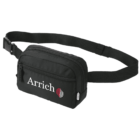 A black waist bag with two zippered compartments and an adjustable strap. The word Arrich and a logo are printed on the front in white and red.