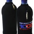 Two insulated water bottles with black neoprene covers and blue caps. One cover features Toyota Genuine branding in red and blue. Both have a zipper and a black carabiner attached for carrying.