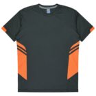 A black T-shirt with orange geometric accents on the sides and short sleeves. The shirt has a crew neckline and a simple design with contrasting colors.