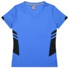 A blue short-sleeve athletic shirt with black side panels and two horizontal black stripes on each side. It features a V-neck design and is displayed against a white background.